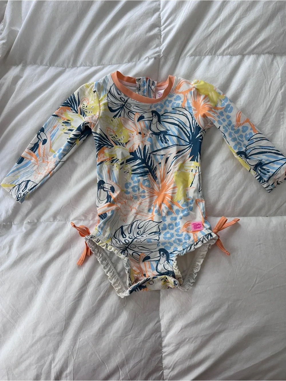 RuffleButts Birds of Paradise One-Piece Long Sleeve Rash Guard Swimsuit 18-24m